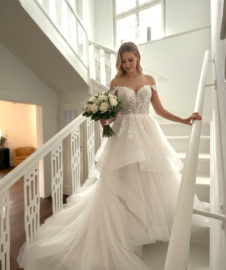 Braut mit Blumenstraussn auf einer herschaftlichen geschwungenen Treppe in Brautvilla, BAO Braut Outlet Warendorf. www.brautoutlet-warendorf Braut mit Blumenstraussn auf einer herschaftlichen geschwungenen Treppe in Brautvilla, BAO Braut Outlet Warendorf. www.brautoutlet-warendorf